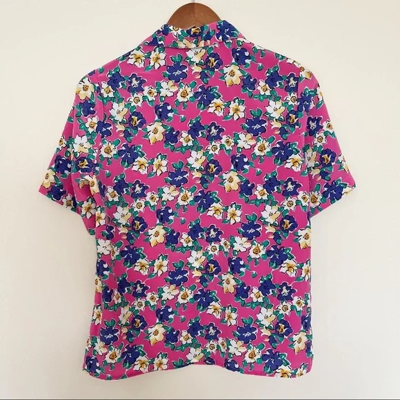 vintage multicolor floral short sleeve button up blouse top [0338] - Picture 4 of 8